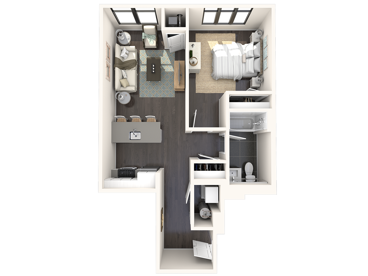 Floor plan for 1 bed, 1 bath, 658 sqft